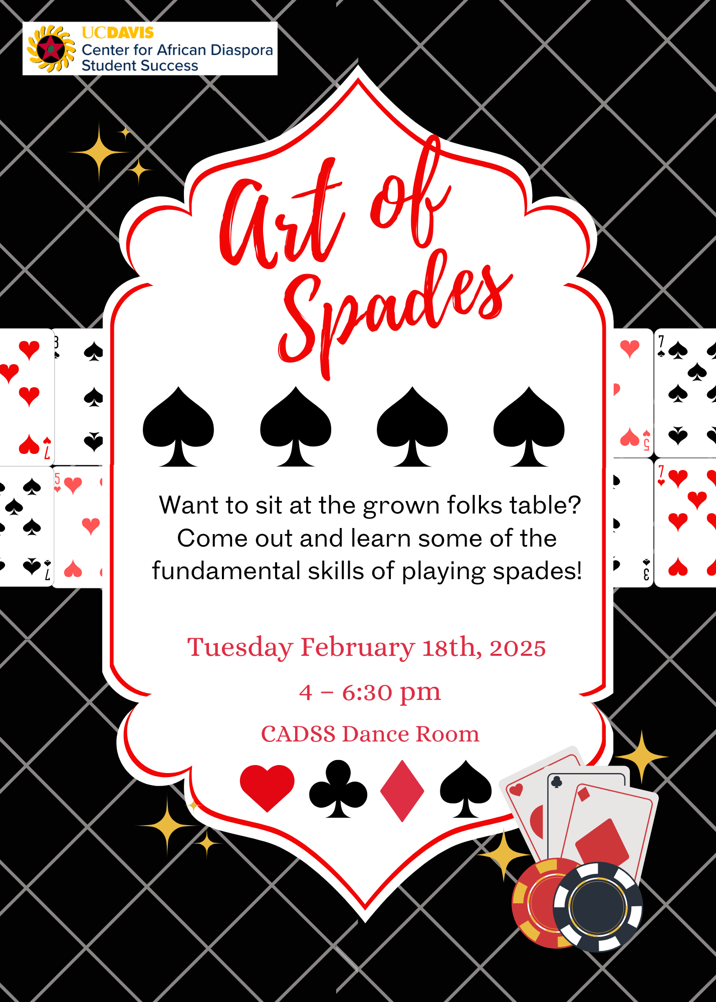 Art of Spades flyer, including card images and suits of cards advertising to learn how to play spades at CADSS.