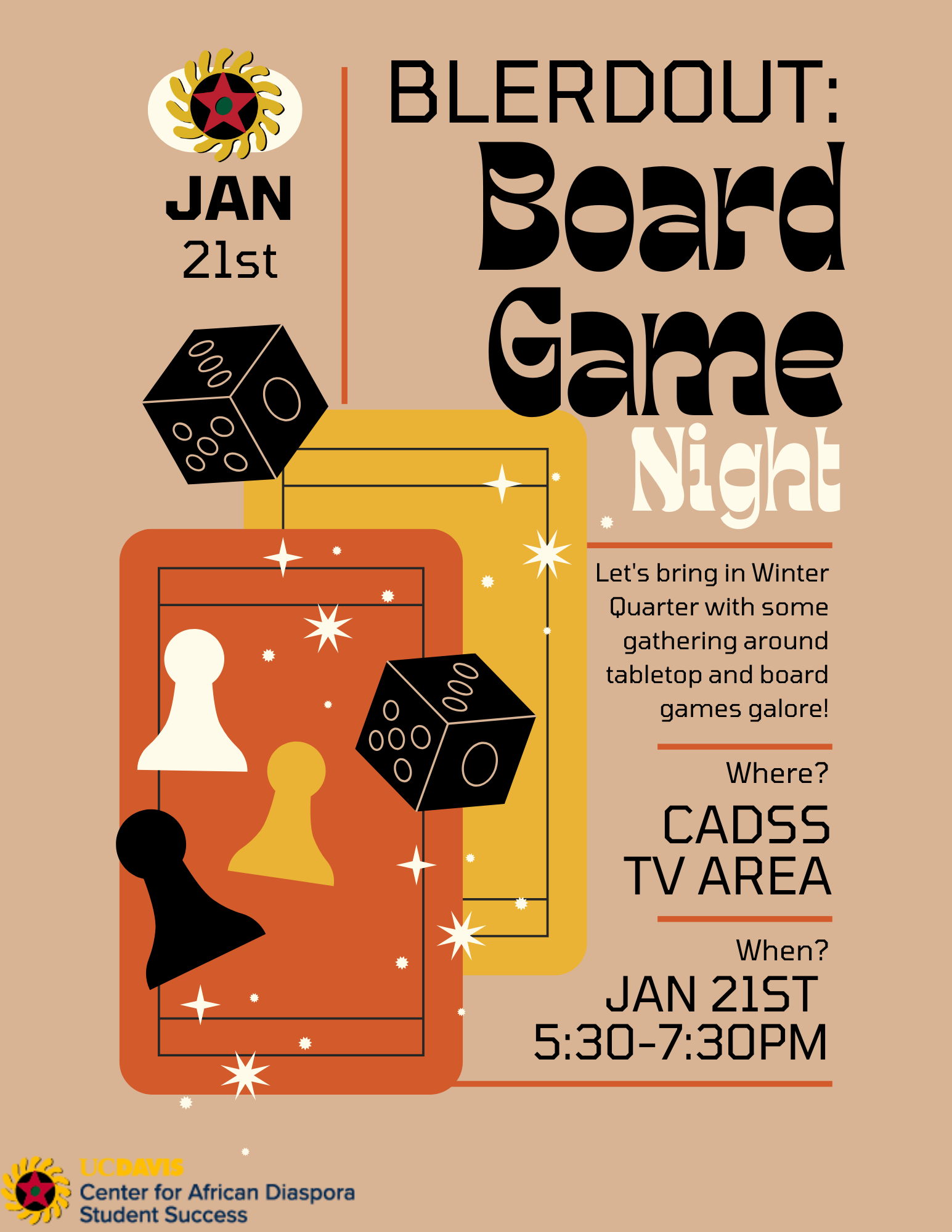 Image shows information for the BlerdOut Board Game Night. Text is also provided below flyer.