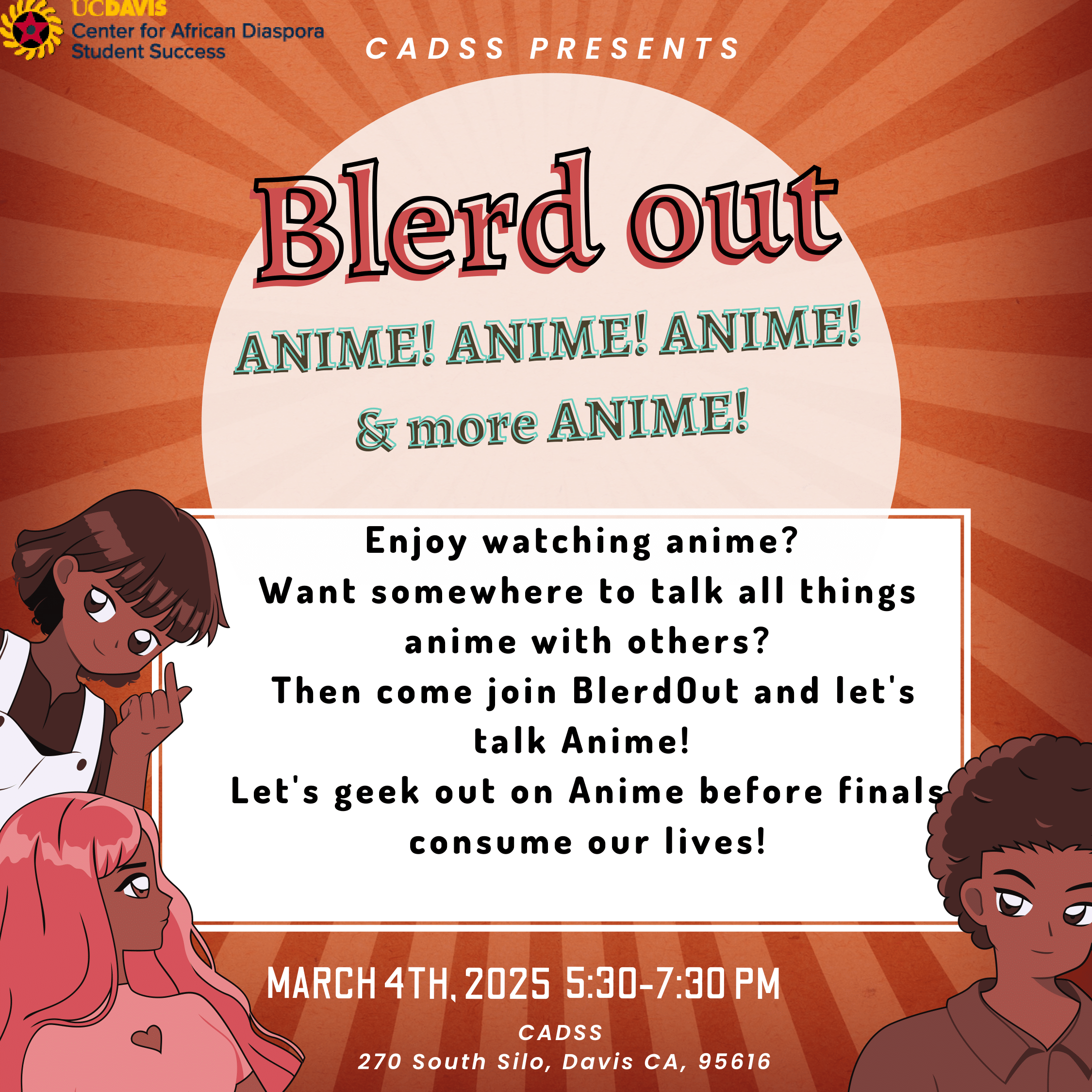 Image shows information for the BlerdOut Anime event on 3/4/25
