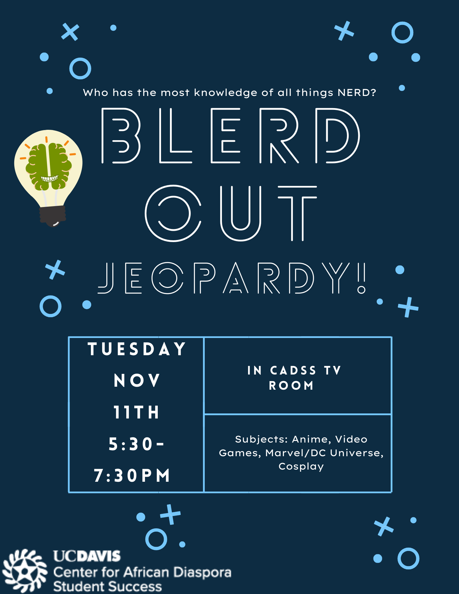 Image shows information for BlerdOut Jeopardy night. Includes a dark blue background alone with some x's and o's, and a lightbulb.