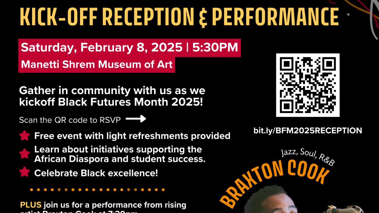 Image shows information about UC Davis Black Futures Month Kick-Off Reception and Performance. Includes logos of the several groups that are sponoring the event. Information will also be included with the text on the screen.