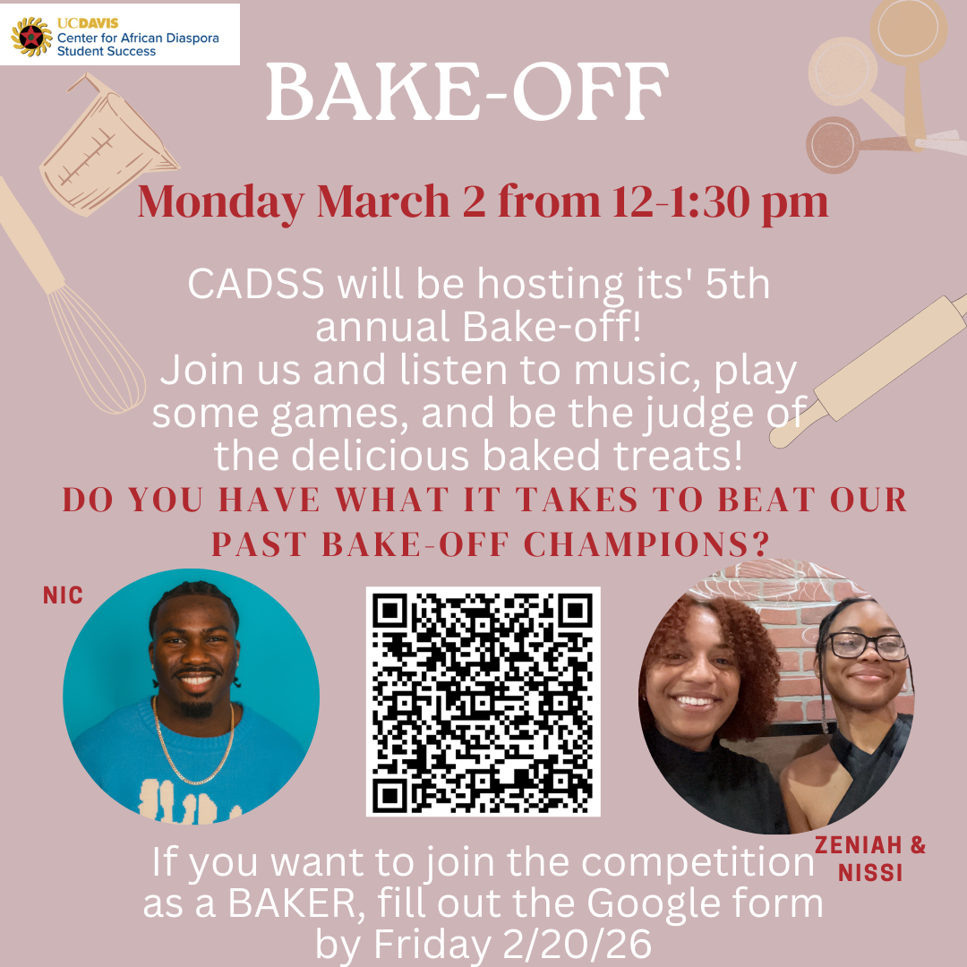 Bake-off event flyer featuring two smiling participants, event details, and a QR code.