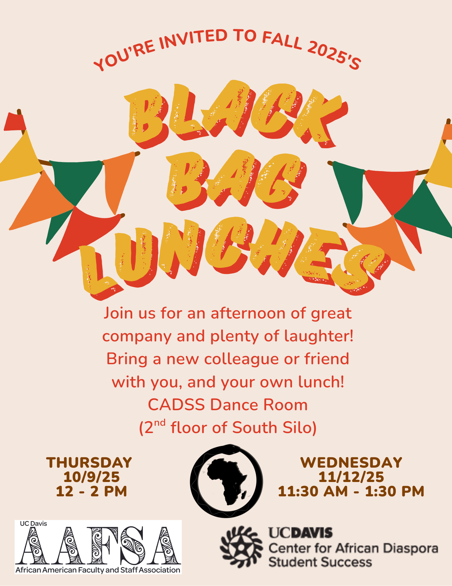 Image shows flyer for Fall 2025's Black Bag Lunches sponsored by the African Continuum, the UC Davis African American Faculty and Staff Association, and the UC Davis Center for African Diaspora Student Success.