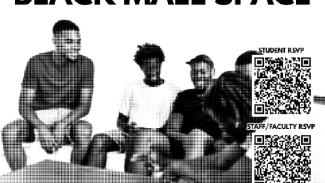 Graphic flyer: three men smiling on couch beneath bold 'WEEKLY BLACK MALE SPACE' header